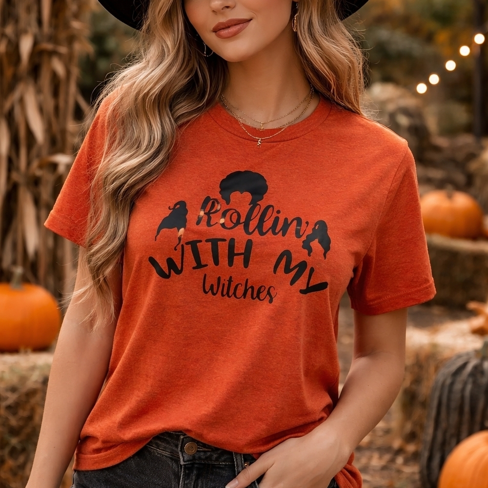 Gildan Orange Rollin With My Witches Graphic Tee Shirt M Halloween Witchcore Whi
